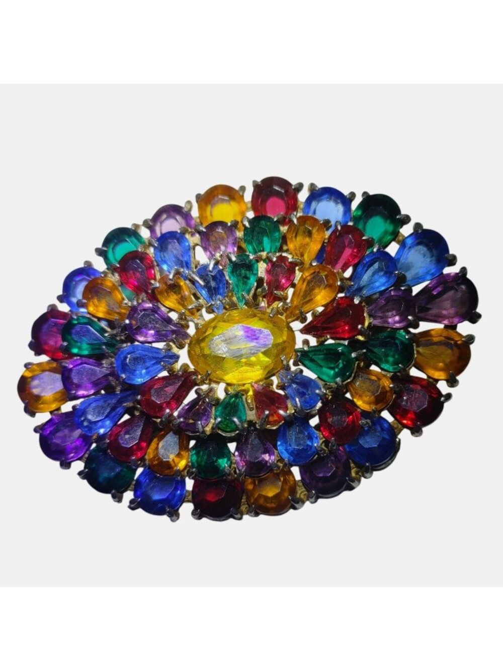 Oval Glow Rhinestone Brooch Pin Fruit Salad  Pear Teardrop Stone Open Work Brass
